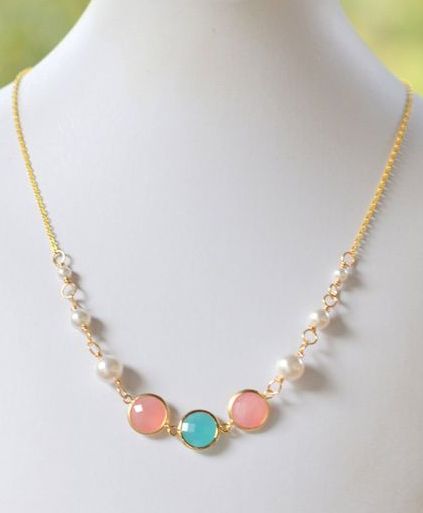 Bridesmaid Jewelry Coral Pink and Turquoise Jewel and White Pearl