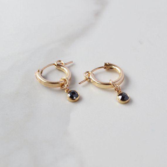 Black CZ Huggie Earring, Gold Filled Small Hoops, Gold Charm Hoops