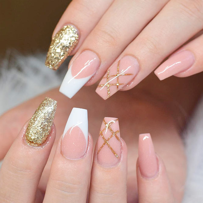 nude-and-gold-nails-ideas-coffin-glitter-french-tips u2013 Nail Art