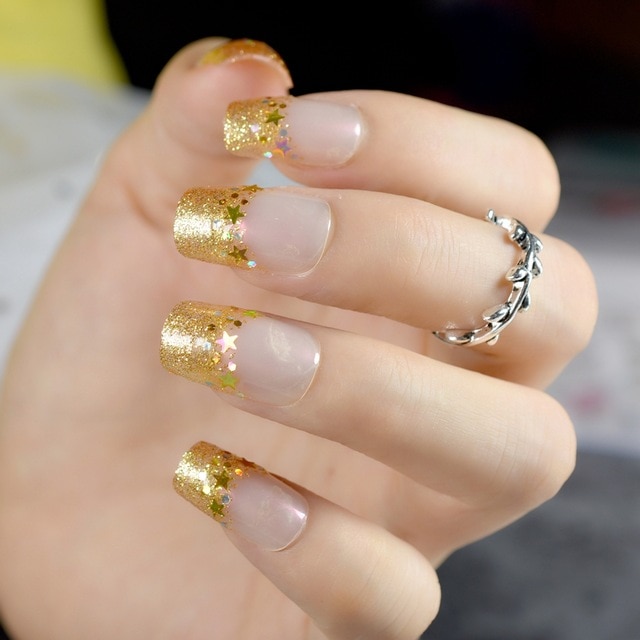 Golden Glitter Artificial French Fake Nail Golden Star Pattern