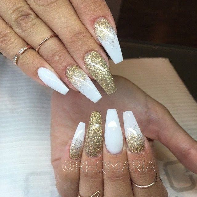 White and gold glitter long coffin nails | Nails | Pinterest | Nails