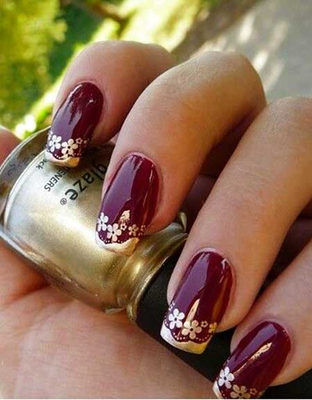 28 Burgundy Nails with Gold Design