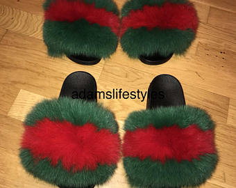 SALE Gucci inspired fox fur slipper slides slippers Genuine | Etsy