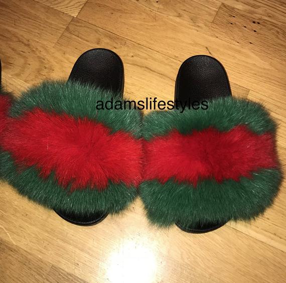 SALE Gucci inspired fox fur slipper slides slippers Genuine | Etsy