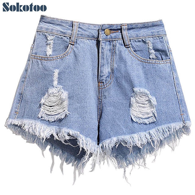 Sokotoo Women's plus size holes ripped fringe jeans High waist