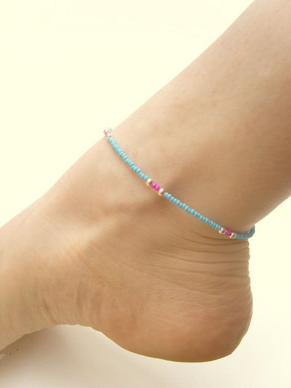 Seed Bead Anklet: Pink and Blue Beaded Anklet, Beach Jewelry, Simple