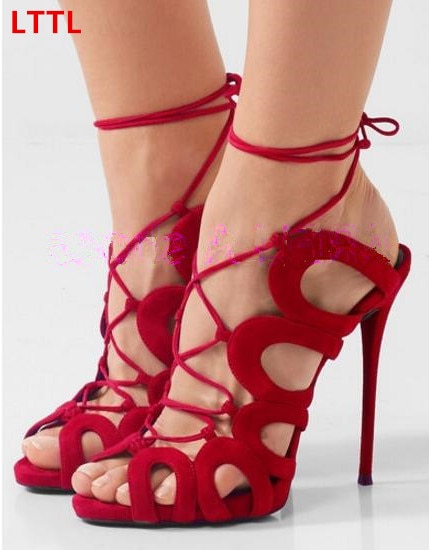 Cross tied lace up high heel gladiator sandals hot red suede peep