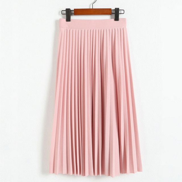 2018 Pleated Midi Skirt Lady Spring/Autumn School Style Elegant
