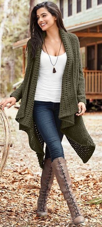 fall #outfits women's green knitted cardigan, white tank top, and