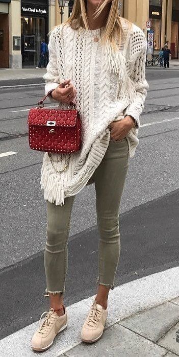 fall #outfits women's white knitted sweater with red leather hand