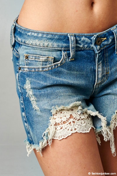 Lace Cutoff Distressed Denim Shorts-Blue