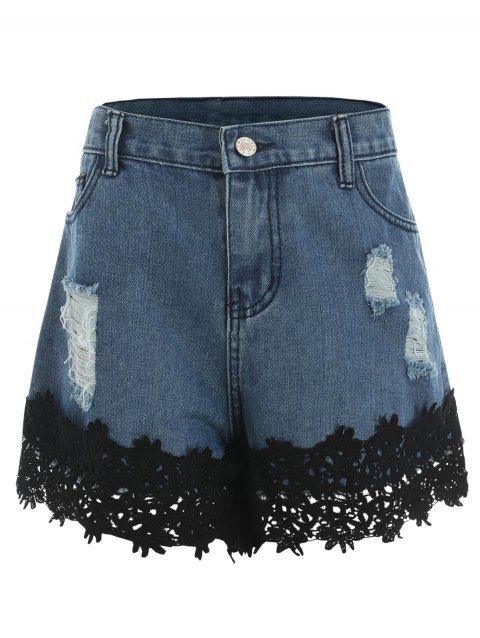 LIMITED OFFER] 2019 Ripped Lace Insert Jean Shorts In DENIM BLUE L