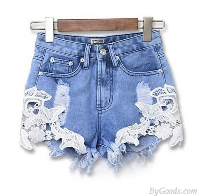 Summer Hollw Out Crochet Lace Denim Shorts Holes Jeans Women Shorts