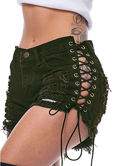 AvaCostume Womens Ripped Cut Off Bandage Lace Denim Jean Shorts at