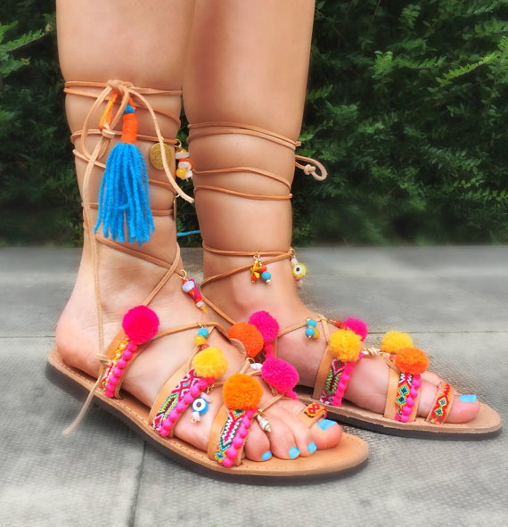 Gladiator Bohemian Pom Pom Sandals Lace up Sandals / Summer Ethnic