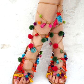 Greek lace up Sandals, Pom Pom Leather from DelosArt on Etsy