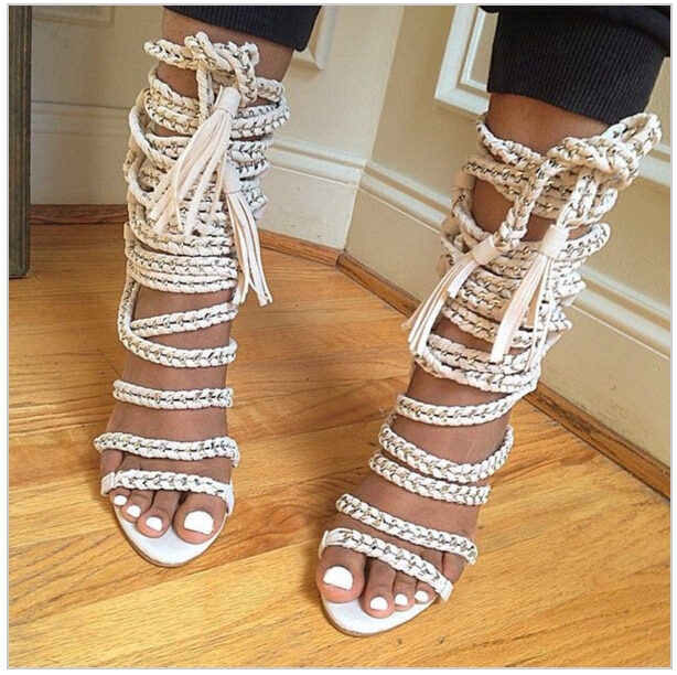 sexy woman Chain Rope Lace Up Sandals High Heel Stiletto Tassel