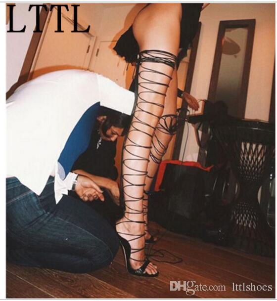 Rihanna Fashion Gladiator Thigh High Sandal Boots Summer Sexy Lace