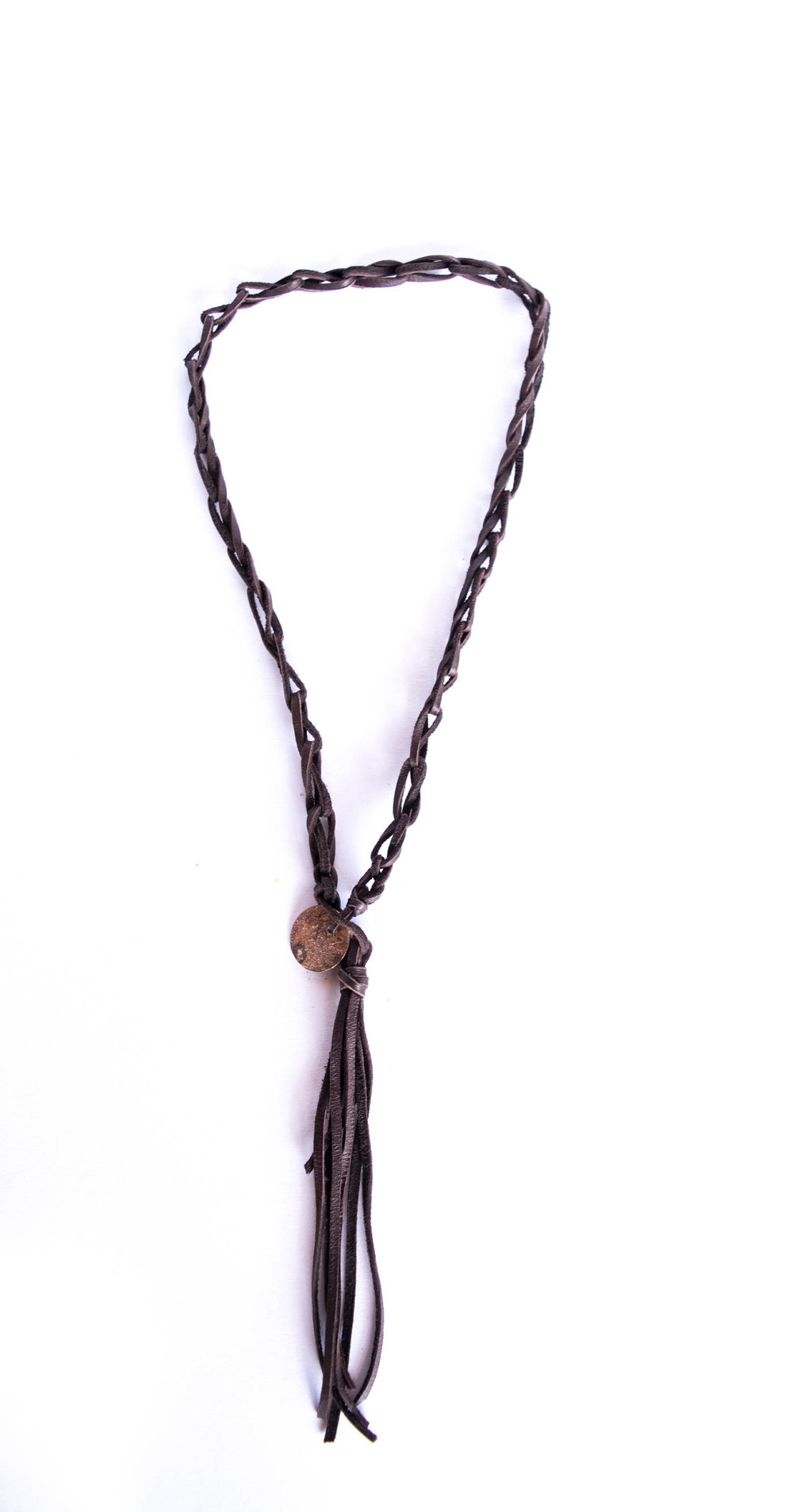 Chocolate and copper Braided Leather Necklace, Leather tassel