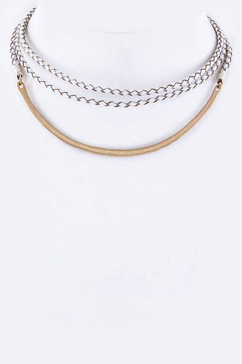 AN7129 WHITE Layered Metal Bar & Braiding Leather Choker Necklace