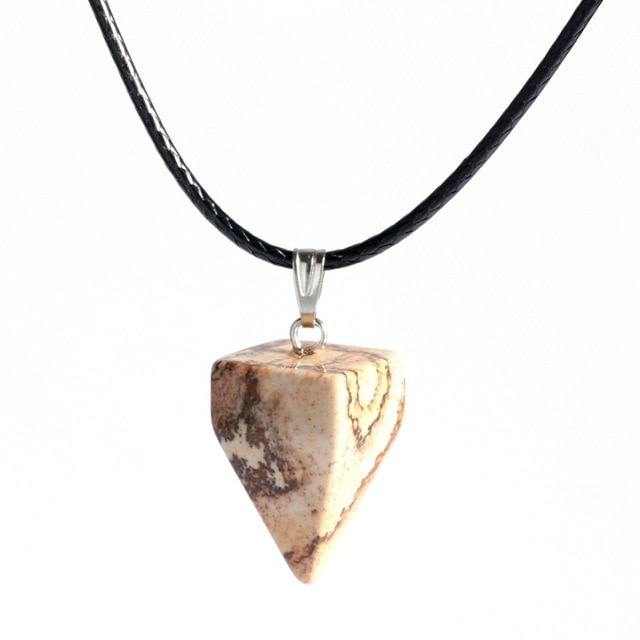 Hot Sale Natural Stone Figured Pyramid Pendant With Black Leather