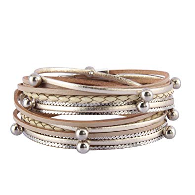Amazon.com: Jenia Women Leather Cuff Bracelet Silver Beads