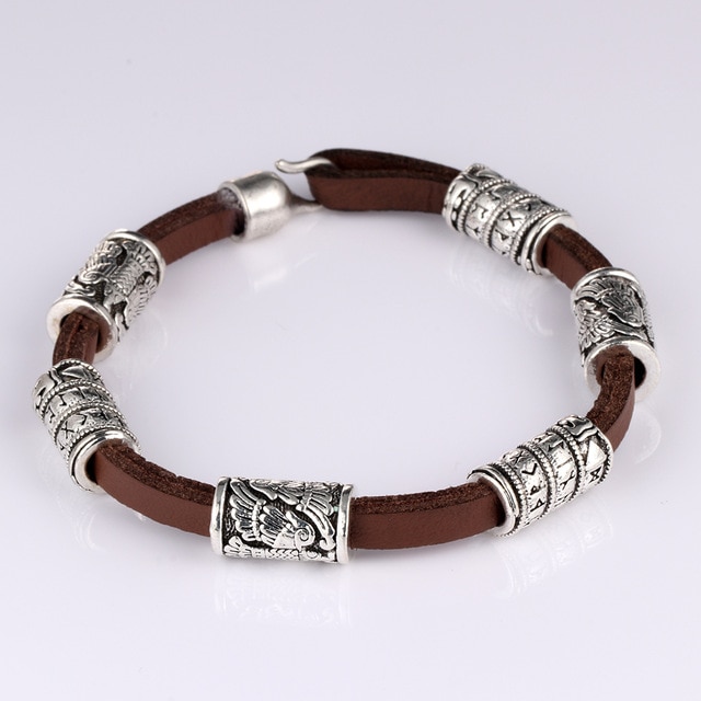 New Brown Genuine Leather Bracelet Silver Viking Runes Beads Trendy