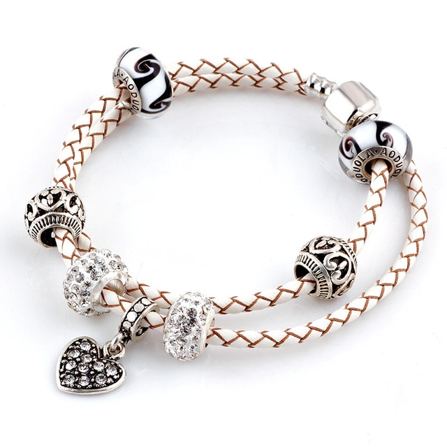Summer Style White heart Genuine Leather Bracelet Chain Fit For