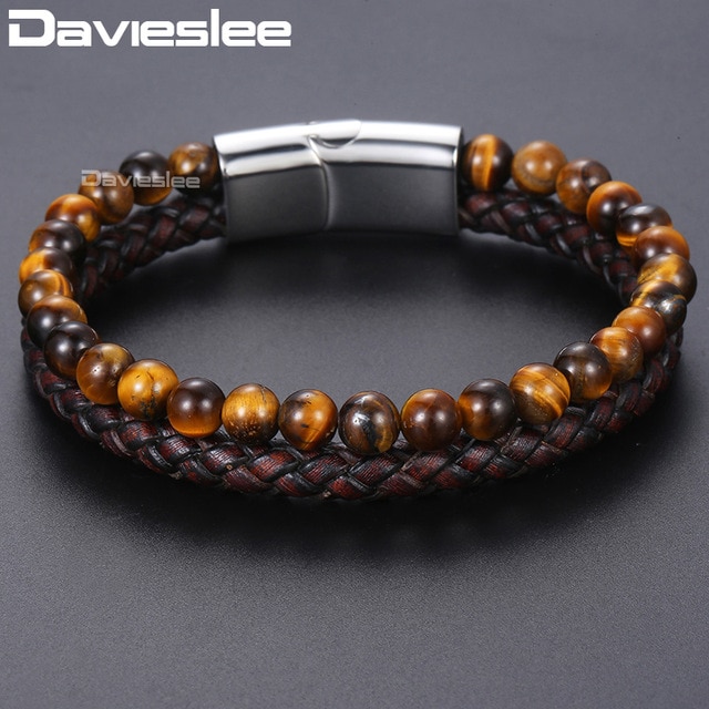 Davieslee Tiger Eye Stone Mens Beads Bracelet Brown Genuine Leather