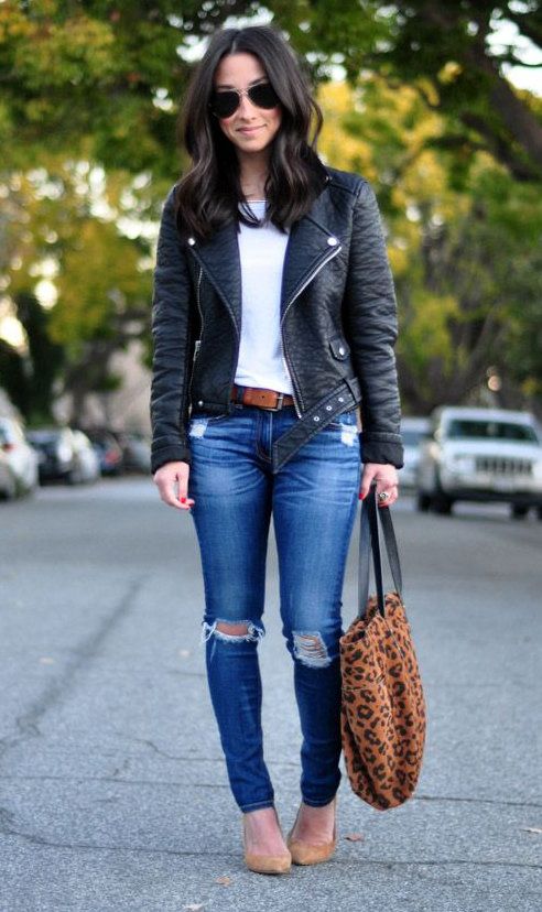 fall #fashion Ripped distressed jeans black leather jacket outfit