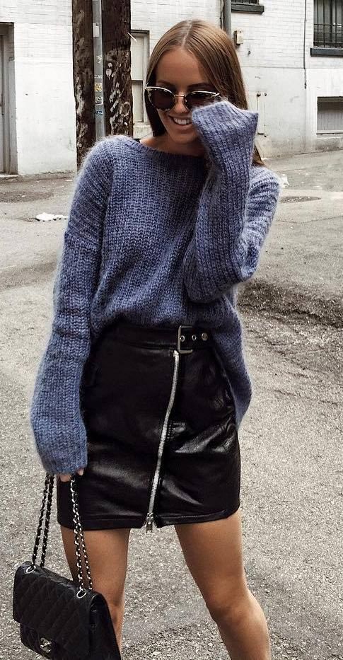 cozy fall outfit / knit sweater + bag + leather skirt | Fashion