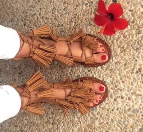 zara brown tan leather roman gladiator sandals tassel flat shoes us 8