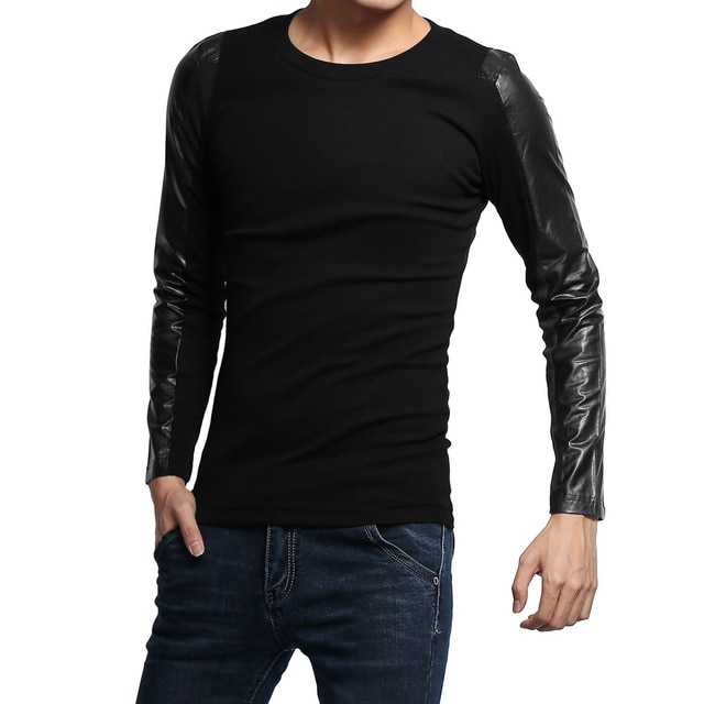2017 NEW Mens Fashion Long Sleeve T Shirts Leather Sleeves Round