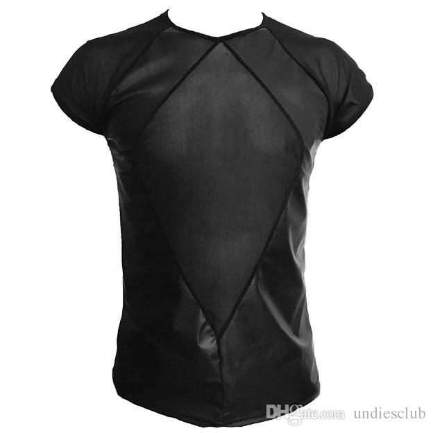 Mens Faux Leather T Shirts With Mesh Patchwork Transparent Sleeves