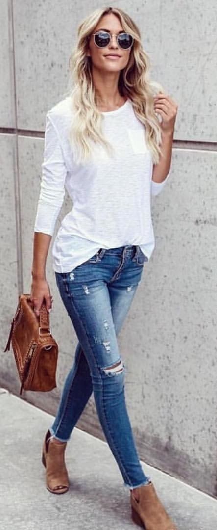 fall #outfits women's white long-sleeved shirt and blue jeans #women