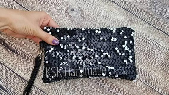 Black & White Sequin Clutch / Wristlet / Hot Pink Lining / | Etsy