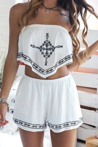 Strapless Crop Top + Printed Loose-Fitting Shorts Twinset WHITE