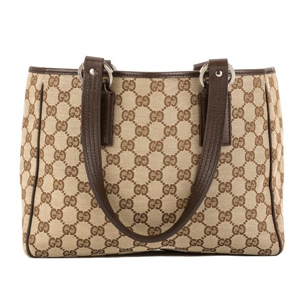 Gucci Brown Leather GG Monogram Canvas Tote Bag (Pre Owned