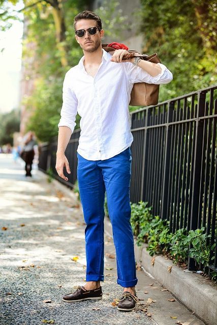 With white shirt, cobalt blue pants and brown bag | Style | Mens
