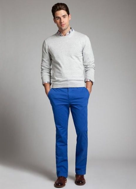 With shirt, white sweatshirt and brown leather shoes | Men Straight