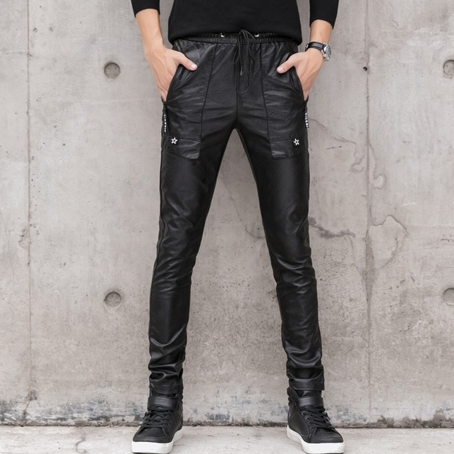 Black Faux Leather Pants Men Stretch Skinny Leather Trousers Male