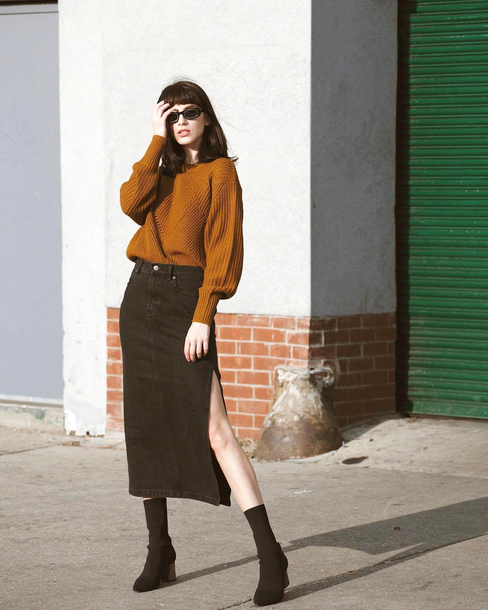 sweater, skirt, tumblr, fall outfits, fall colors, midi skirt, black