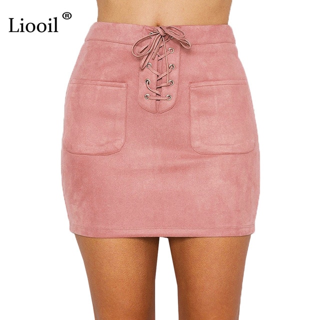 Liooil Sexy Club Yellow Lace Up Suede Women Skirt Mid Waist Summer