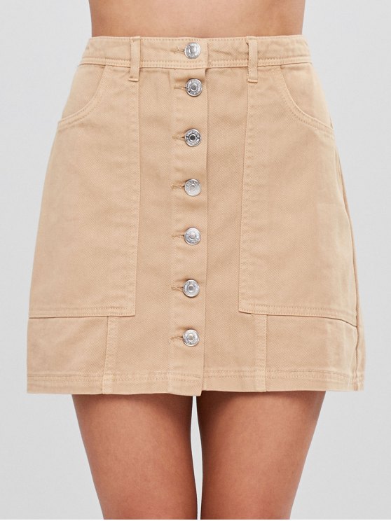 2019 Button Up Cargo Pockets Twill Mini Skirt In TAN S | ZAFUL