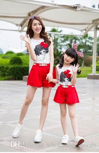 Mother Daughter Suits Cotton Sweet Cute Girls Vest Shorts Mother And