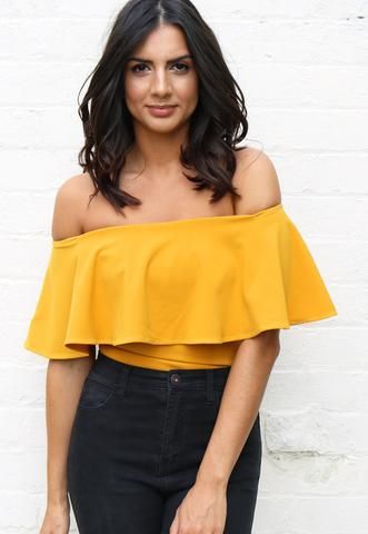 Sleeveless Off The Shoulder Frill Top Bodysuit in Mustard Yellow