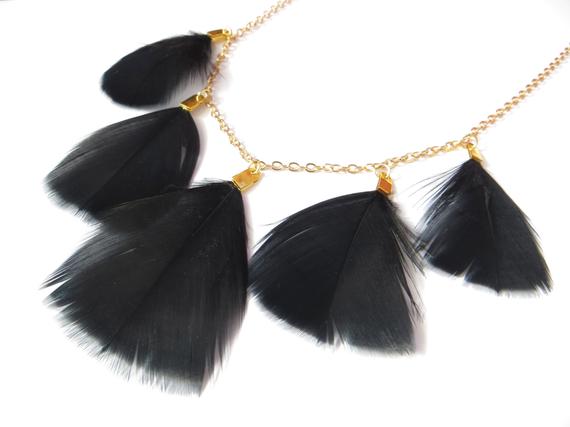 Black Feather Necklace On Gold Chain Real Natural Feather | Etsy