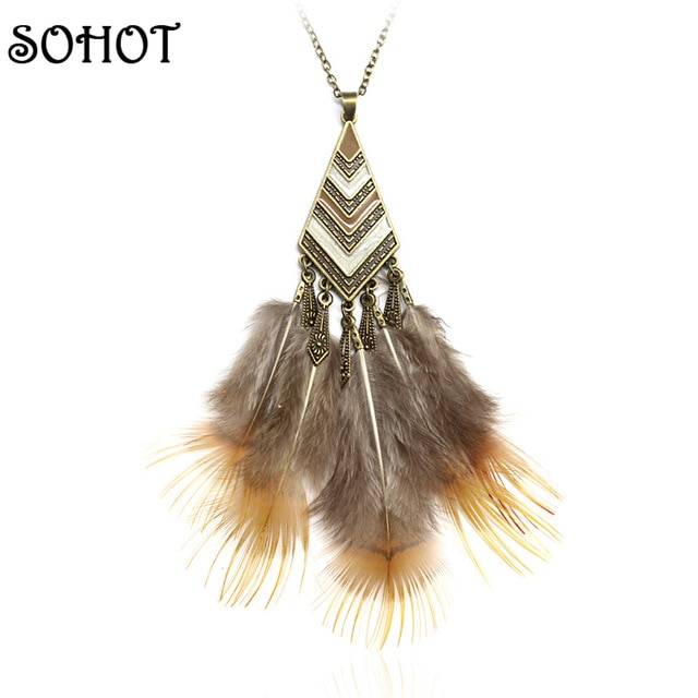SOHOT Vintage Enthic Handmade Natural Feather Long Pendant Necklace