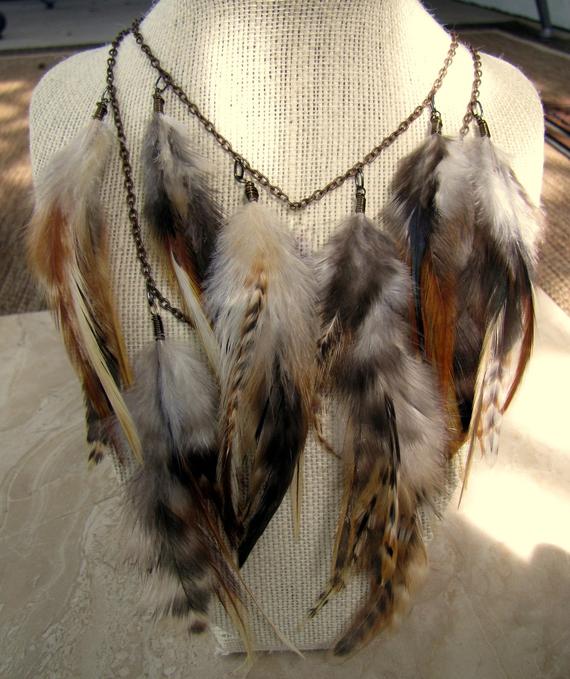 Feather Necklace Natural Brown Feather Statement Necklace | Etsy