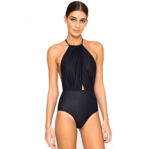 Black One-piece Swimsuit With High Neckline And Bare Back